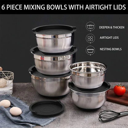 6-Piece Stainless Steel Mixing Bowls with Lids & Non-Slip Bases