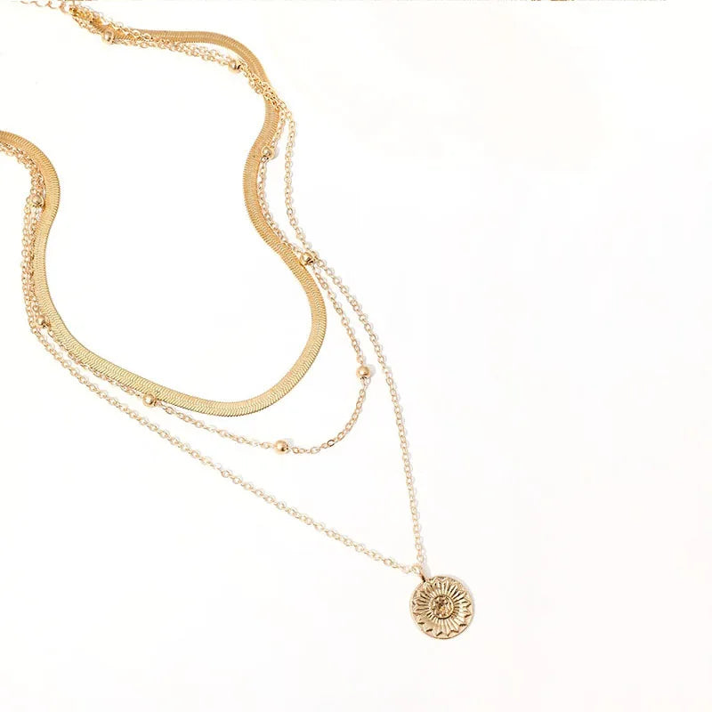 Fashion Flat Snake Chain Necklace with Three-Layer Coin Disc Pendants