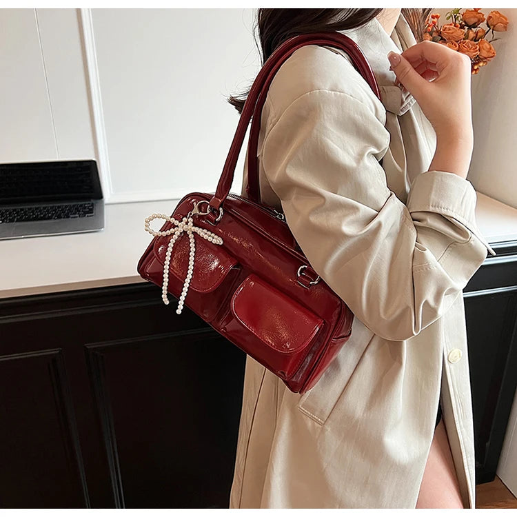 Solid Sewing Thread Fashion Glossy PU Shoulder Bags