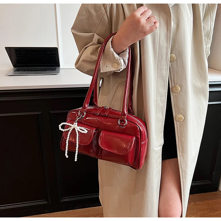 Solid Sewing Thread Fashion Glossy PU Shoulder Bags