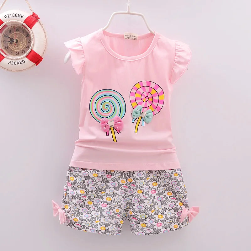 Baby Girl Summer Clothing Set – Lollipop Print T-Shirt & Shorts (Toddler Girls, Infant 1–5Y)
