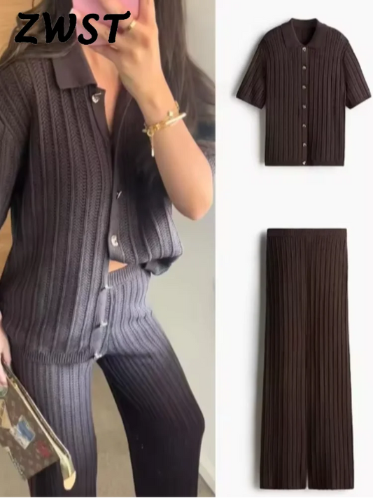 2025 Vintage-Inspired Knitted Pants Set – Brown Cardigan & Straight Trousers