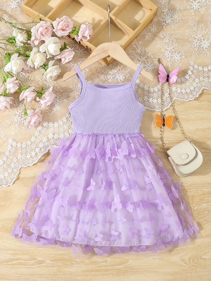 Summer Toddler & Kids Girl’s Butterfly Decor Mesh Splicing Cami Dress