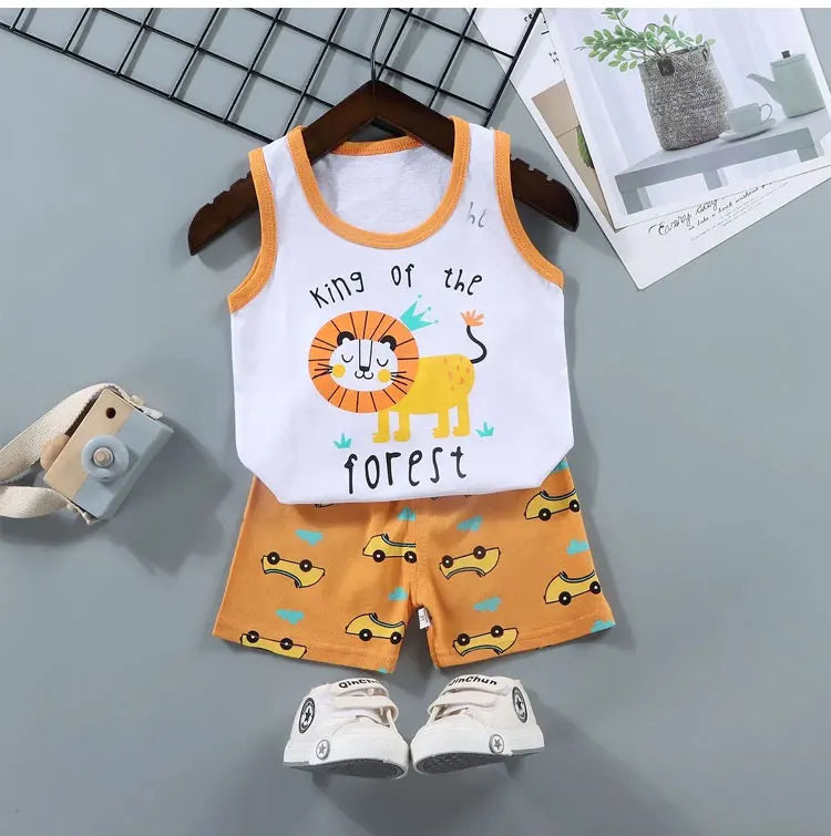 2PCS Baby & Kids Summer Outfit – Cotton Sleeveless T-Shirt + Shorts Set for Boys & Girls