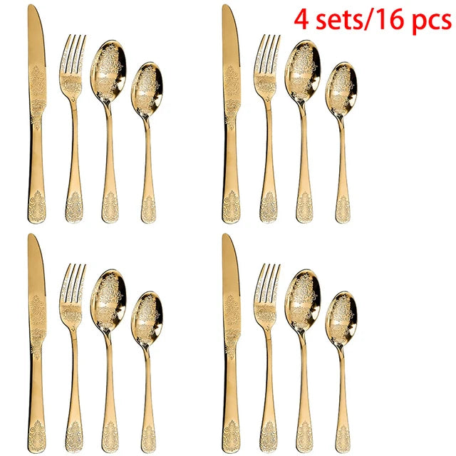 Gold Cutlery Set Stainless Steel Fork Spoons Knife Tableware Kit