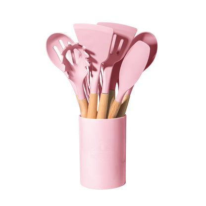 12 pcs Set of Multi-color Silicone Wooden Handle Kitchenware