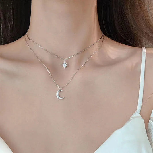 SUMENG 2025 Double Layer Star & Moon Necklace
