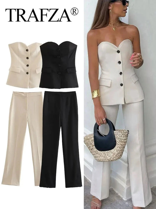Elegant Women’s Strapless Pant Suit – Button-Up Top & Side-Slit Trousers