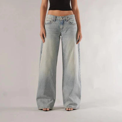 Women’s Y2K Vintage Gradient Jeans – Low Waist Wide-Leg Denim with Pockets
