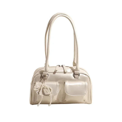 Solid Sewing Thread Fashion Glossy PU Shoulder Bags