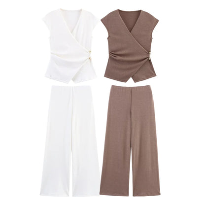 Summer New Women’s Two-Piece Set – Pin-Decorated Sleeveless Double-Breasted V-Neck Top & Mid-Waist Casual Pants