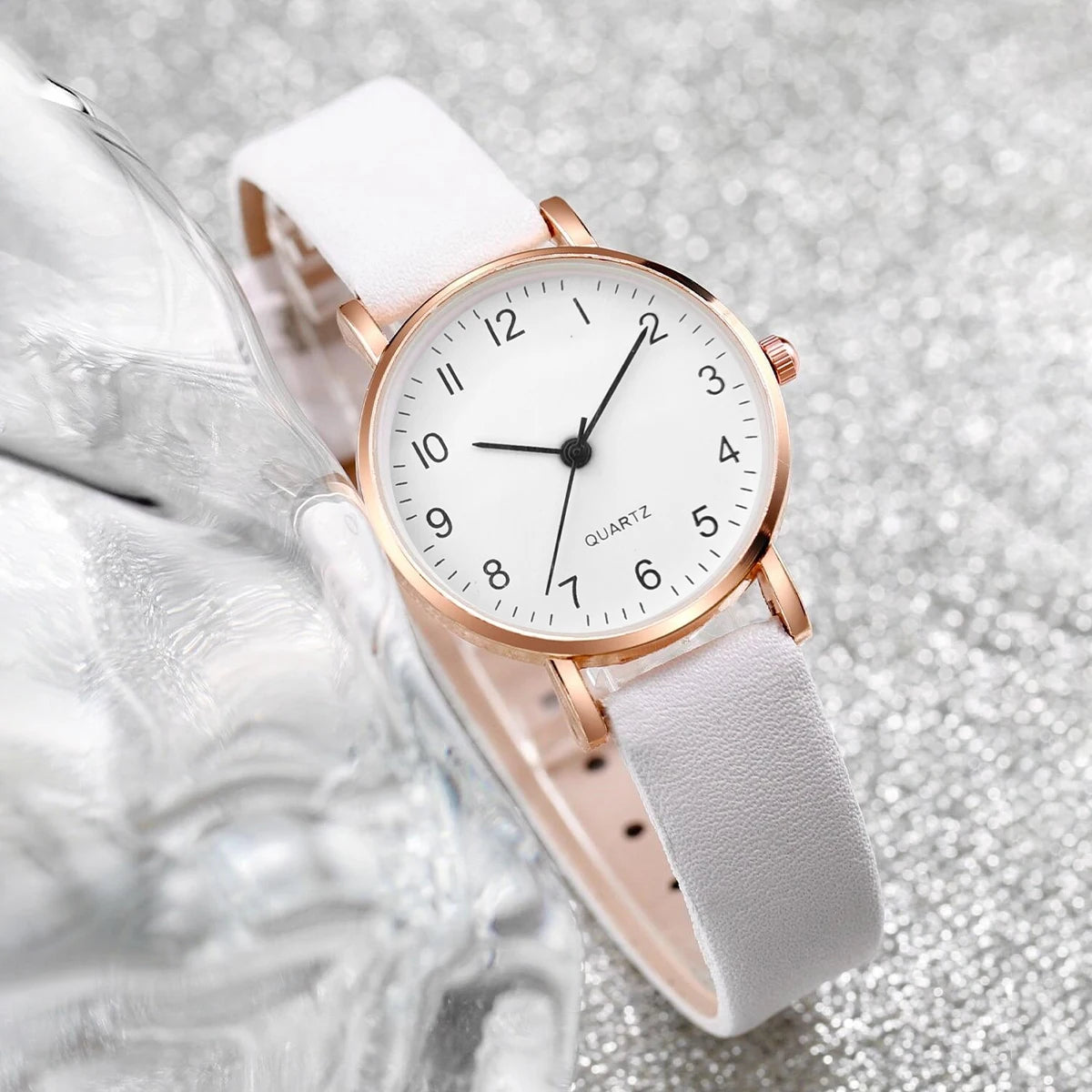 3pcs/set Fashion Women Leather Strap Quartz Watch & Pearl Bracelet Set