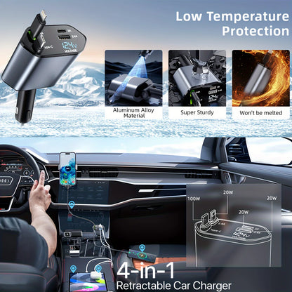4-in-1 120W Retractable Car Charger with USB Type-C Cable