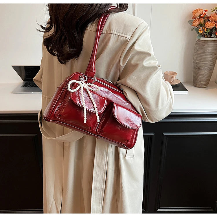 Solid Sewing Thread Fashion Glossy PU Shoulder Bags