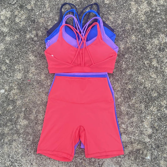 2-Piece Solid Color Gym & Yoga Set – Cross-Back Sports Bra + Biker Shorts