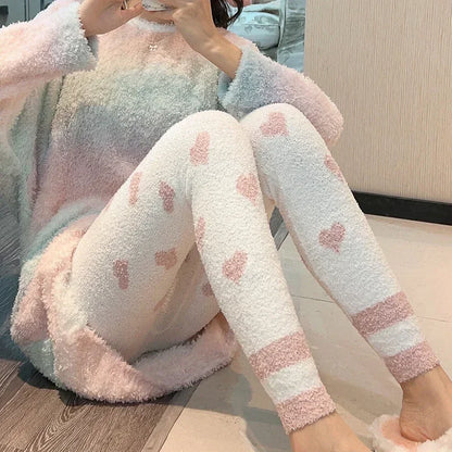 Heart Print Soft High Waist Coral Fleece Sleep Bottoms