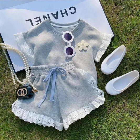 Baby Girl Summer Lace Patchwork Outfit – 2-Piece Floral Top & Shorts Set (Casual Tracksuit)