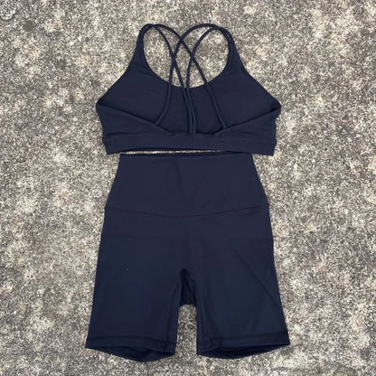 2-Piece Solid Color Gym & Yoga Set – Cross-Back Sports Bra + Biker Shorts