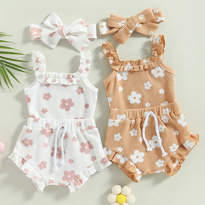 Baby Girl 3-Piece Summer Outfit – Floral Sleeveless Romper + Shorts + Headband (0–18 Months)