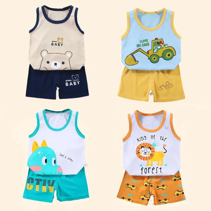2PCS Baby & Kids Summer Outfit – Cotton Sleeveless T-Shirt + Shorts Set for Boys & Girls