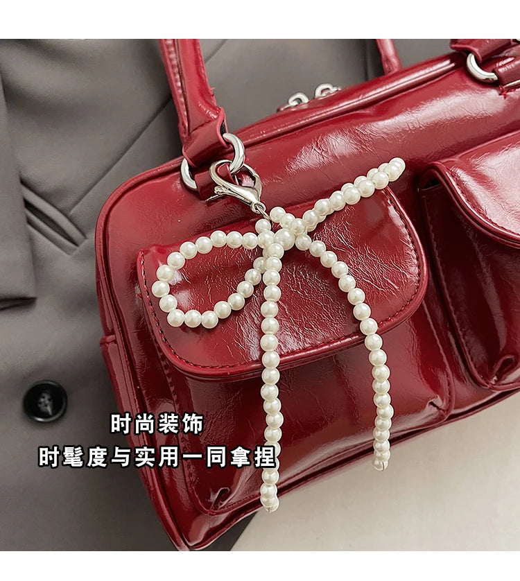 Solid Sewing Thread Fashion Glossy PU Shoulder Bags