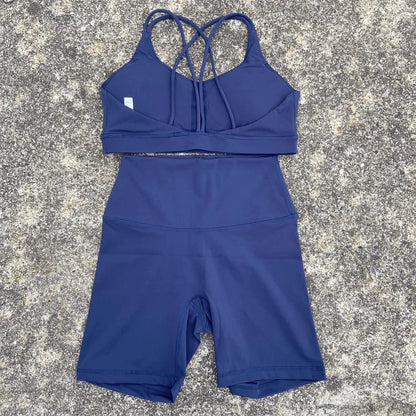 2-Piece Solid Color Gym & Yoga Set – Cross-Back Sports Bra + Biker Shorts