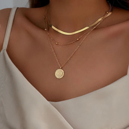 Fashion Flat Snake Chain Necklace with Three-Layer Coin Disc Pendants