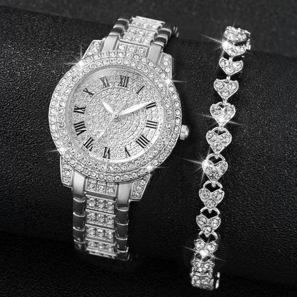 2pcs/set Women’s Stainless Steel Band Diamond Quartz Watch & Bracelet Set