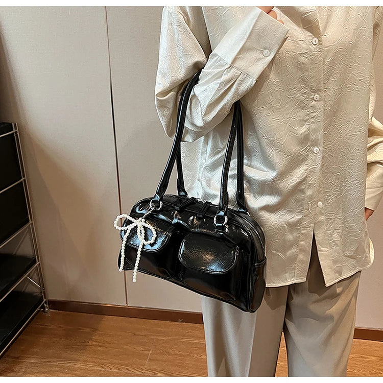 Solid Sewing Thread Fashion Glossy PU Shoulder Bags