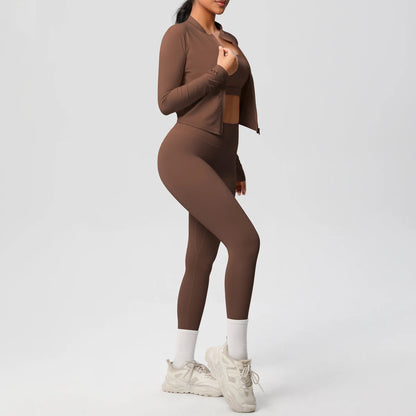 3-Piece Women's Sportswear Yoga Set – Zipper Jacket, Sports Bra & Leggings