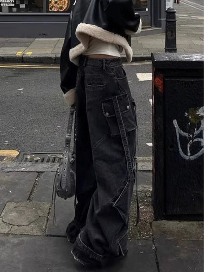 2025 Y2K Punk Streetwear Baggy Cargo Jeans – Washed Black Wide-Leg Pants for Women
