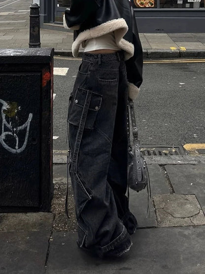 2025 Y2K Punk Streetwear Baggy Cargo Jeans – Washed Black Wide-Leg Pants for Women