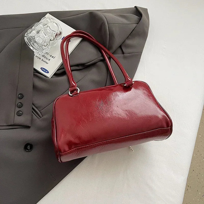 Solid Sewing Thread Fashion Glossy PU Shoulder Bags