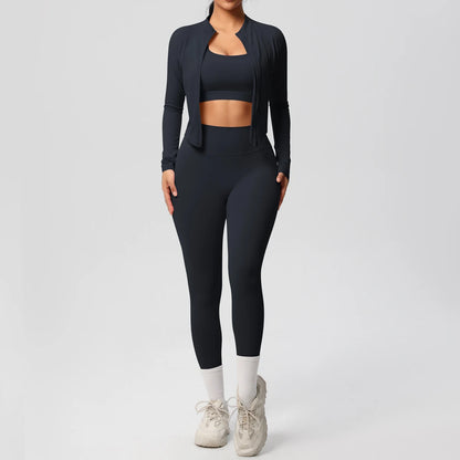 3-Piece Women's Sportswear Yoga Set – Zipper Jacket, Sports Bra & Leggings