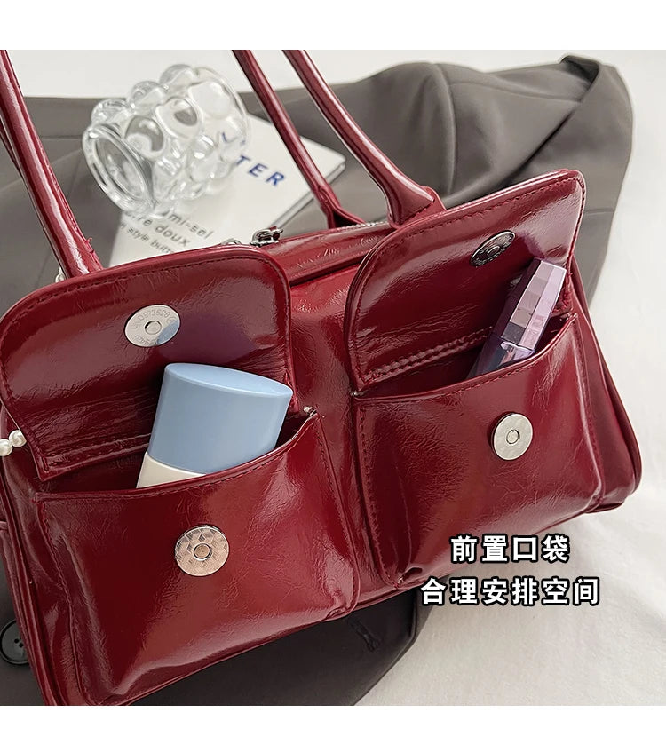 Solid Sewing Thread Fashion Glossy PU Shoulder Bags