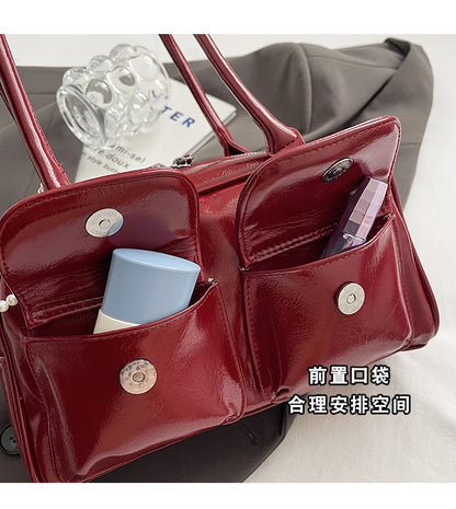Solid Sewing Thread Fashion Glossy PU Shoulder Bags