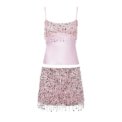 2025 Spring Summer Sexy Beach Tassel Skirt Set – Sequin Backless Sleeveless Ibiza Festival Outfit