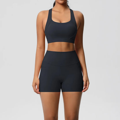 2PCS Women’s Yoga Set with Pockets – Crossover Bra & Sports Shorts / Leggings Gym Outfit