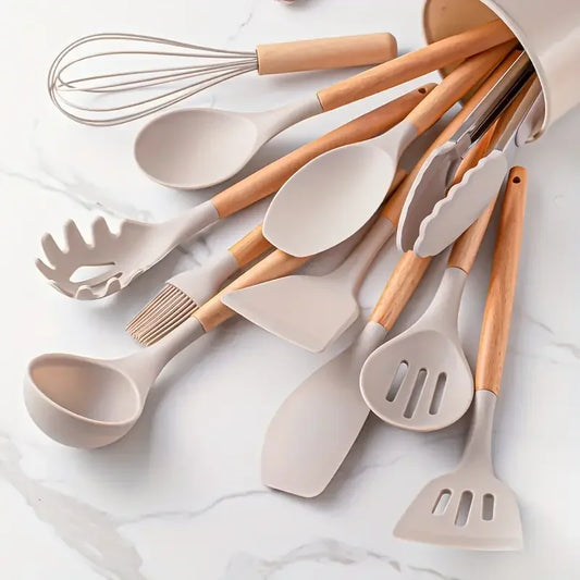 12 pcs Set of Multi-color Silicone Wooden Handle Kitchenware