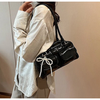 Solid Sewing Thread Fashion Glossy PU Shoulder Bags