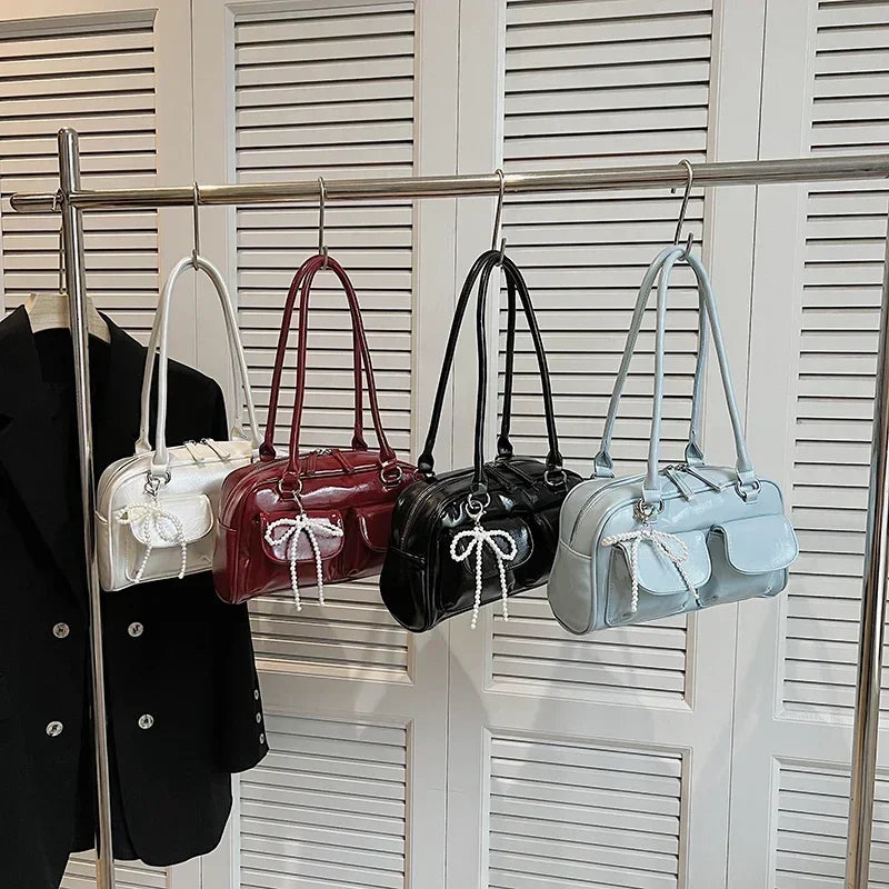 Solid Sewing Thread Fashion Glossy PU Shoulder Bags