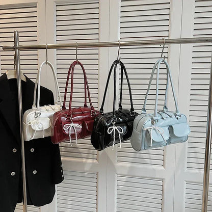 Solid Sewing Thread Fashion Glossy PU Shoulder Bags