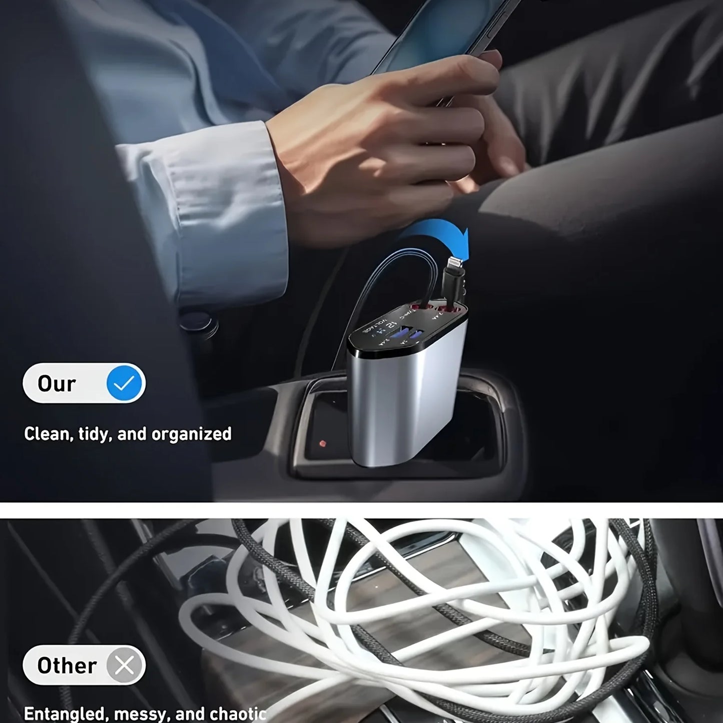 4-in-1 120W Retractable Car Charger with USB Type-C Cable