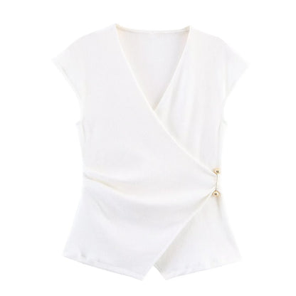Summer New Women’s Two-Piece Set – Pin-Decorated Sleeveless Double-Breasted V-Neck Top & Mid-Waist Casual Pants