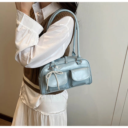 Solid Sewing Thread Fashion Glossy PU Shoulder Bags