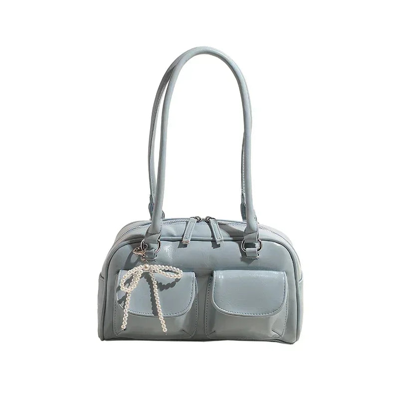 Solid Sewing Thread Fashion Glossy PU Shoulder Bags
