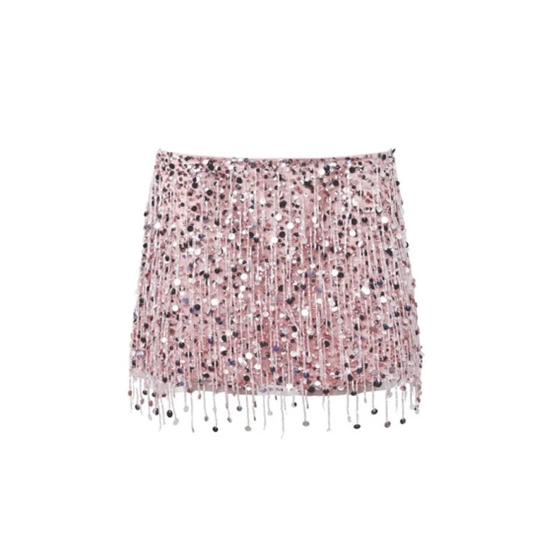 2025 Spring Summer Sexy Beach Tassel Skirt Set – Sequin Backless Sleeveless Ibiza Festival Outfit