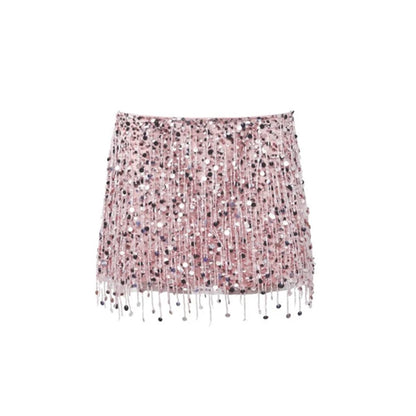 2025 Spring Summer Sexy Beach Tassel Skirt Set – Sequin Backless Sleeveless Ibiza Festival Outfit