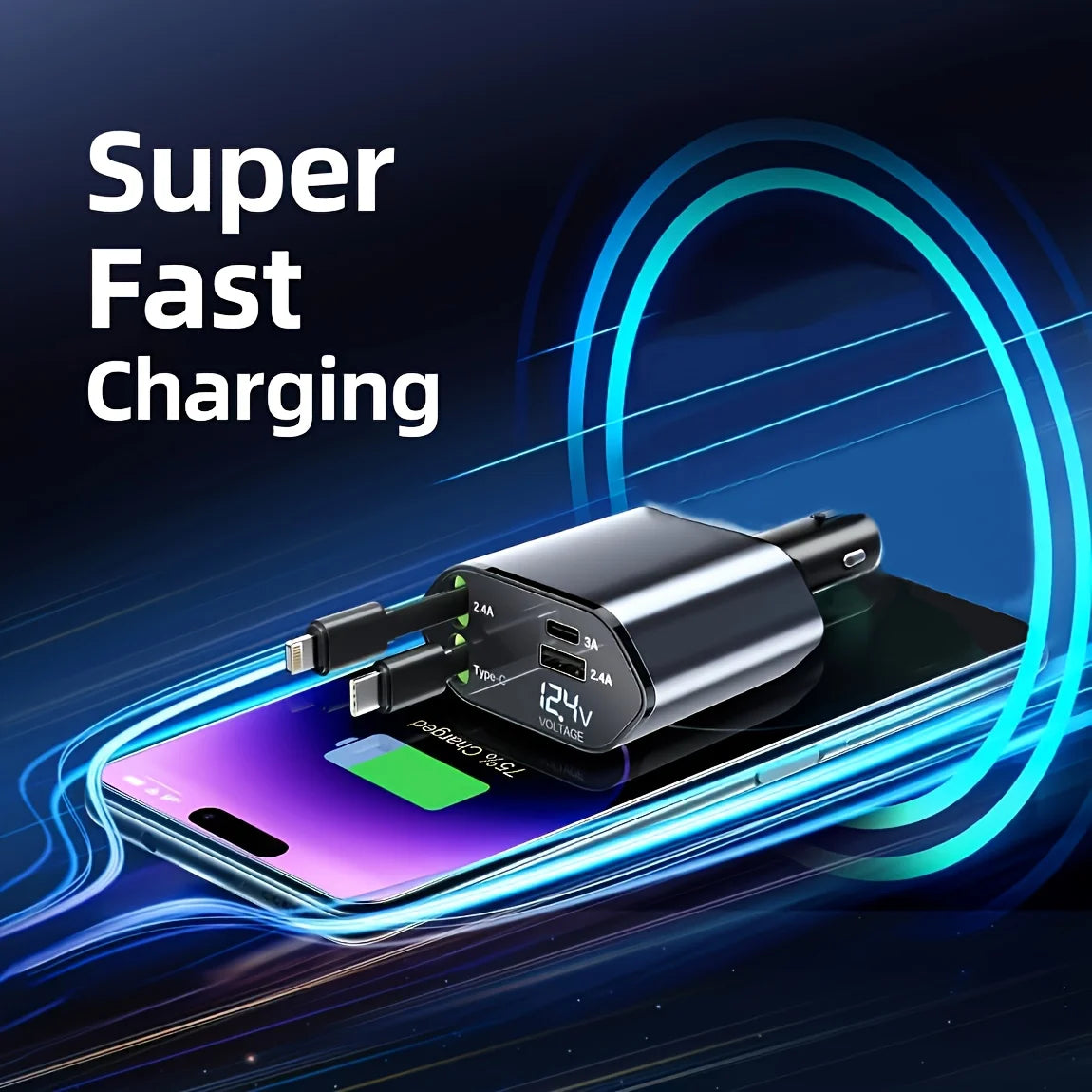 4-in-1 120W Retractable Car Charger with USB Type-C Cable