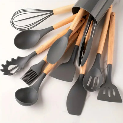 12 pcs Set of Multi-color Silicone Wooden Handle Kitchenware
